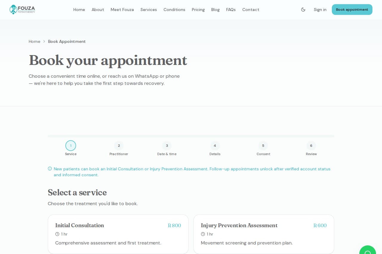 Fouza Physiotherapy public booking calendar on desktop