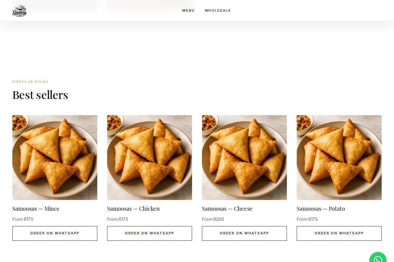 The Savoury Lab catalogue carousel with prices and WhatsApp order on desktop